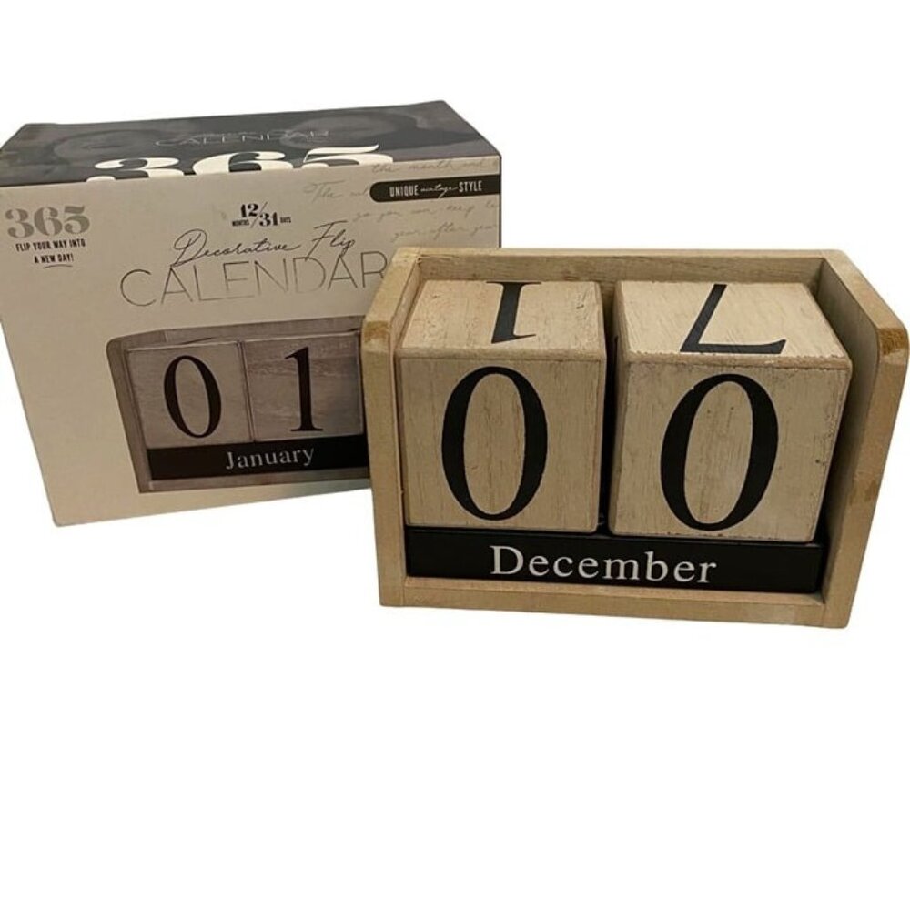 Silver One International Decorative Flip Calendar Wooden Vintage Style Farmhouse